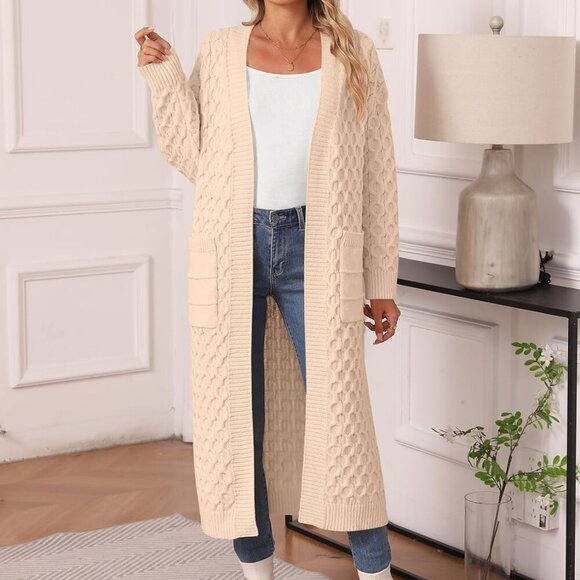 Womens Long Cardigan Sweaters Fall Open Front Coat Long Sleeve Cable Knit Maxi O - Picture 4 of 7